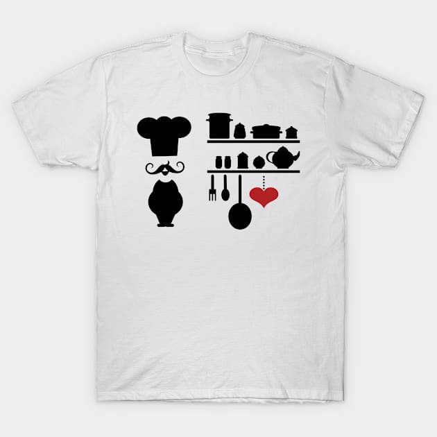 Chef silhouette with kitchen elements T-Shirt by SooperYela